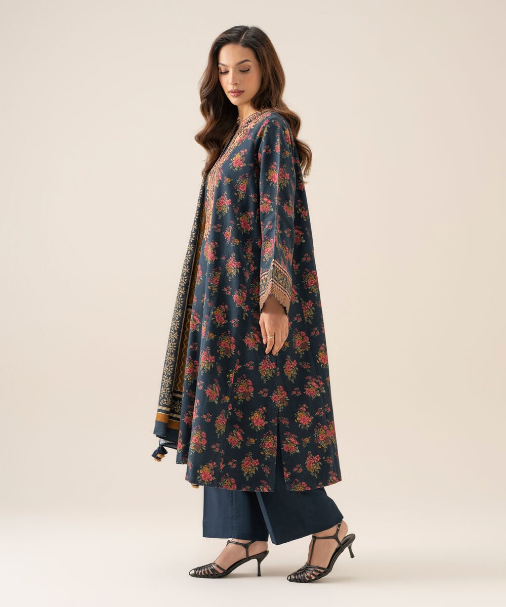 Women's Unstitched Light Khaddar Embroidered Blue 3 Piece Suit