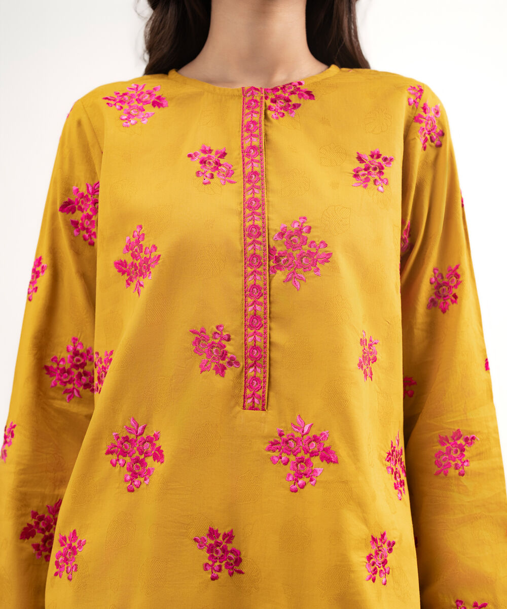 Women's RTW Self Jacquard Embroidered Mustard Brown 3 Piece Suit