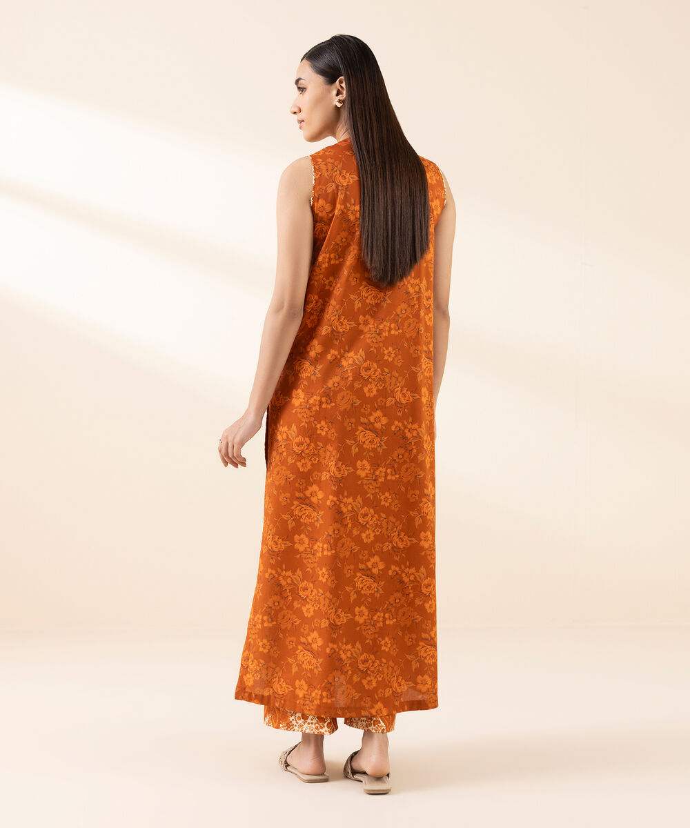 Women's Unstitched Lawn Embroidered Orange 2 Piece Suit