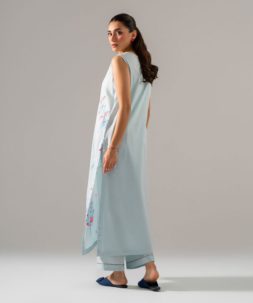 Women's RTW Dobby Solid Embroidered Blue 2 Piece Suit