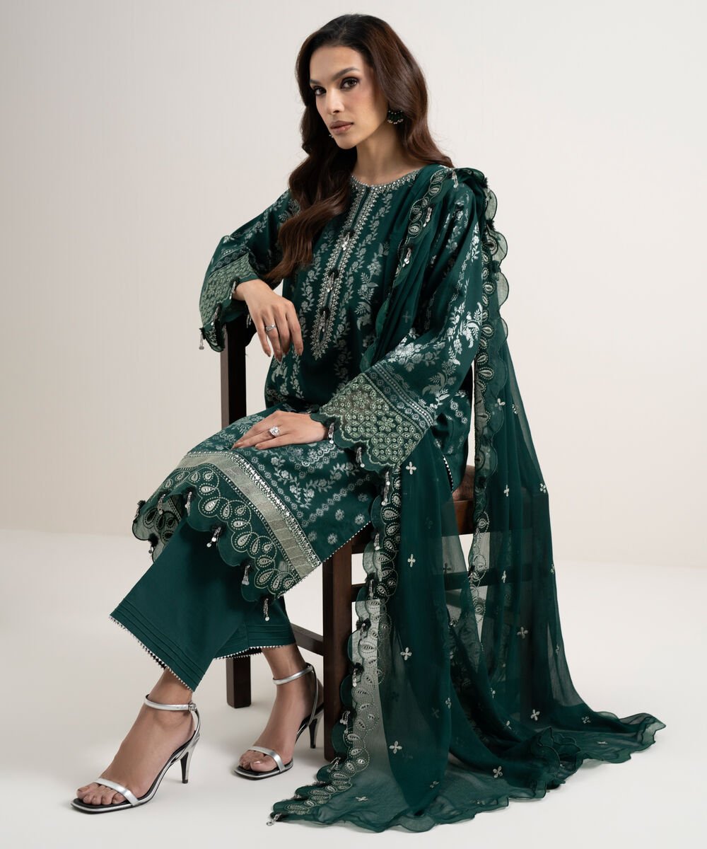 Women's Unstitched Extra Weft Jacquard Embroidered Green 3 Piece Suit