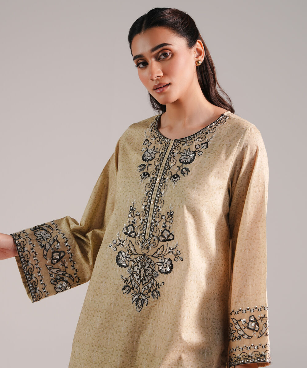 Women's RTW Lawn Embroidered Beige 2 Piece Suit