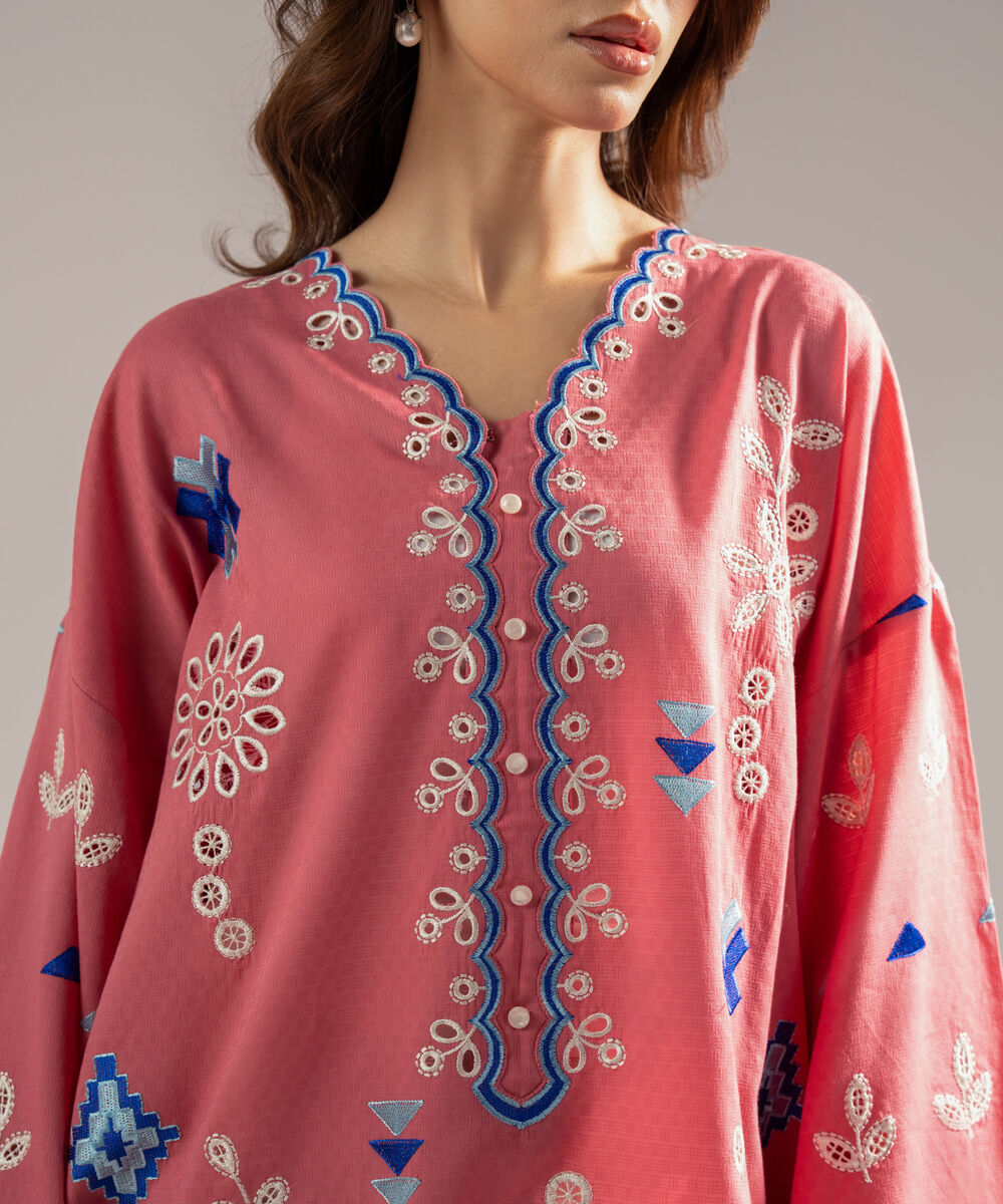 Women's RTW Dobby Embroidered Straight Pink Shirt