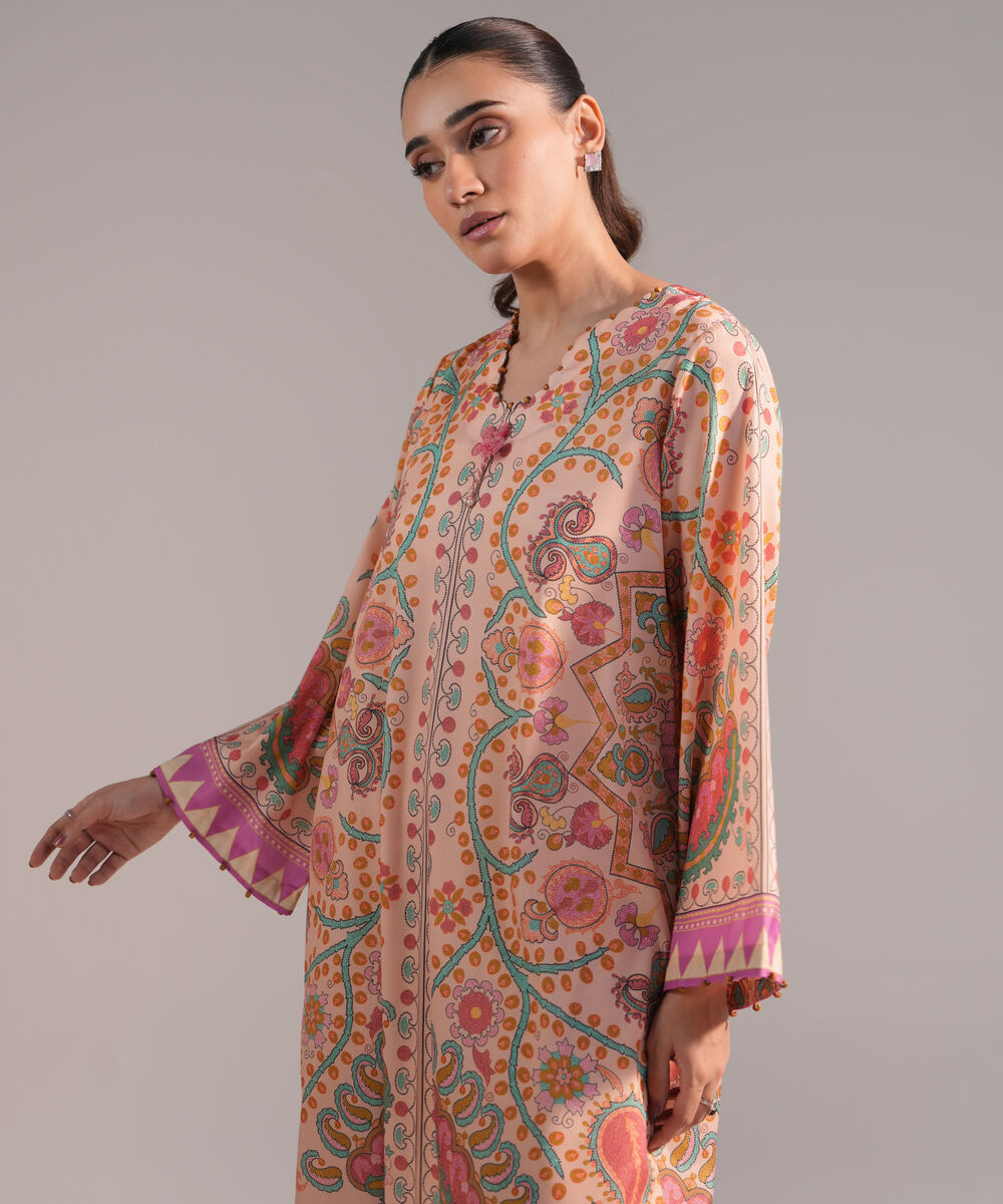 Women's RTW Blended Grip Silk Printed Peach A-Line Shirt