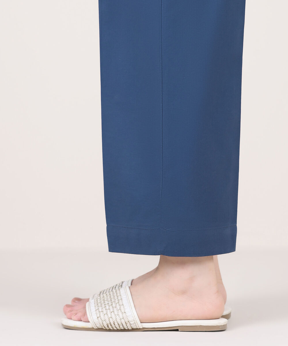 Women's RTW Cambric Blue Solid Straight Pants