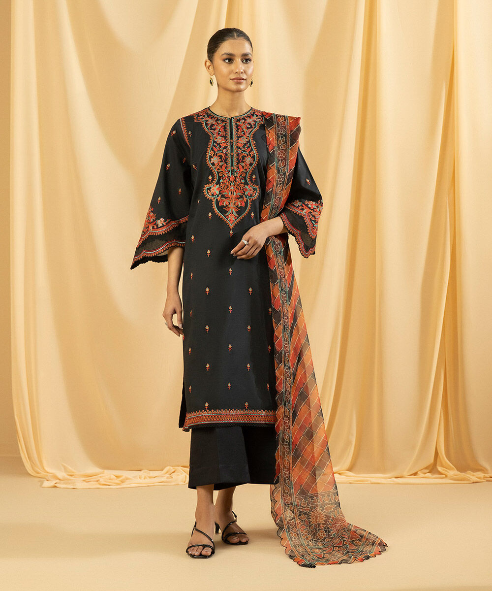 Women's Unstitched Raw Silk  Embroidered Black  3 Piece Suit