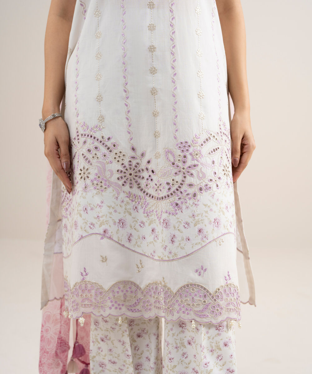 Women's Unstitched Dobby Embroidered Off White 3 Piece Suit
