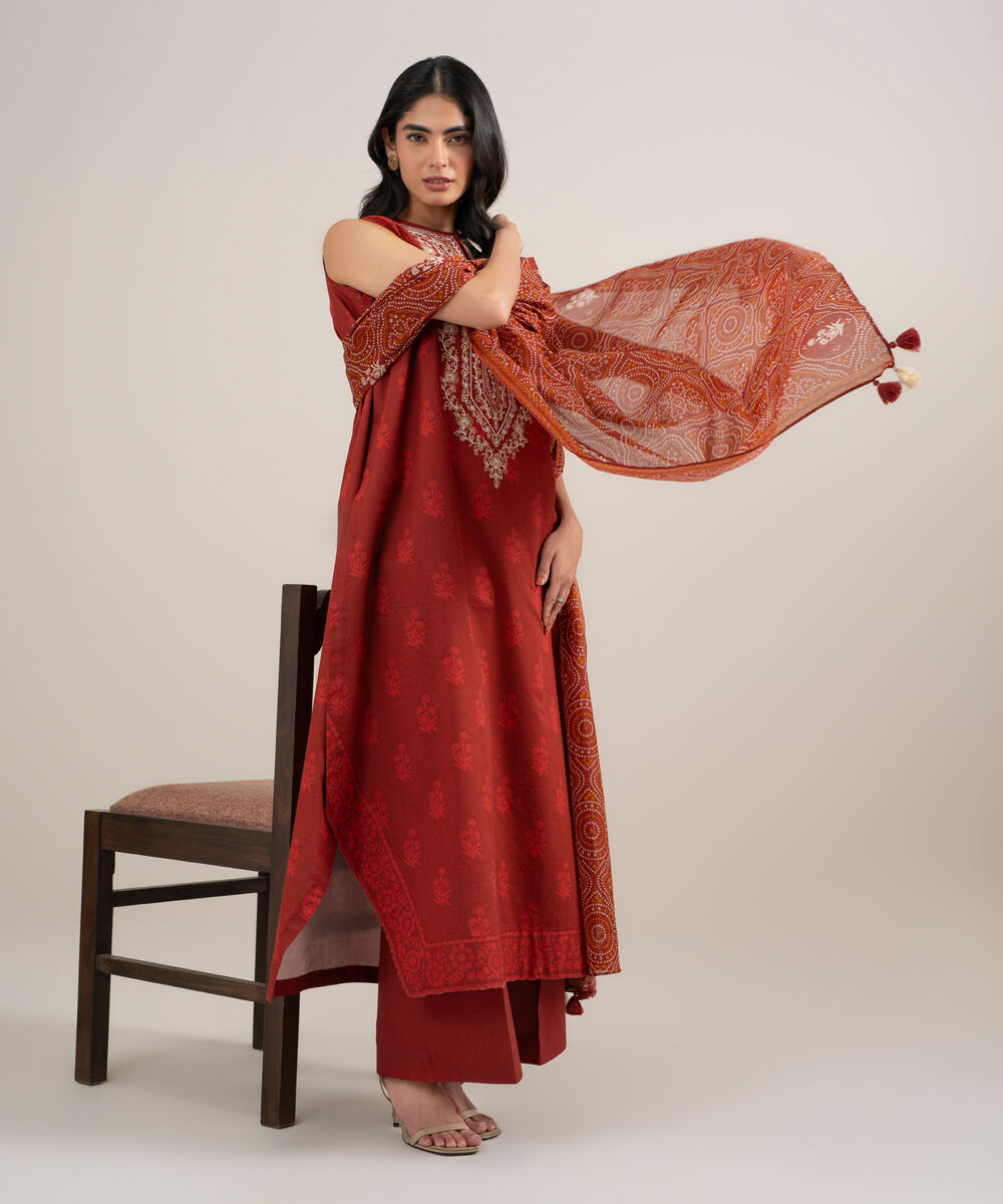 Women's Unstitched Lawn Embroidered Orange 3 Piece Suit