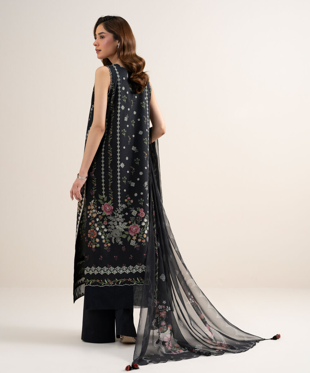 Women's Unstitched Lawn Embroidered Black  3 Piece Suit