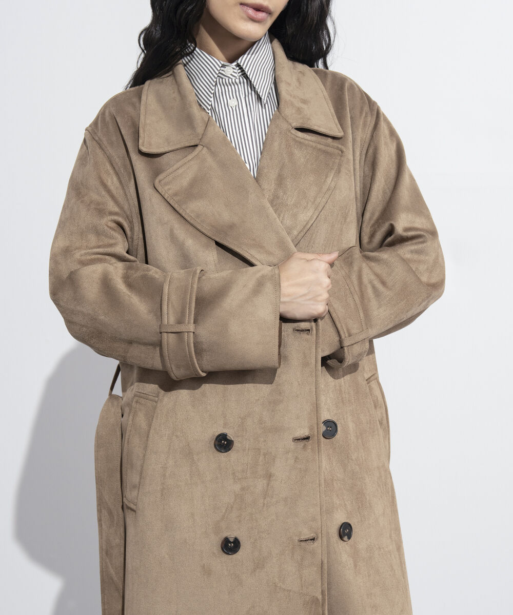 Women's Western Wear Light Camel Faux Suede Trench Coat