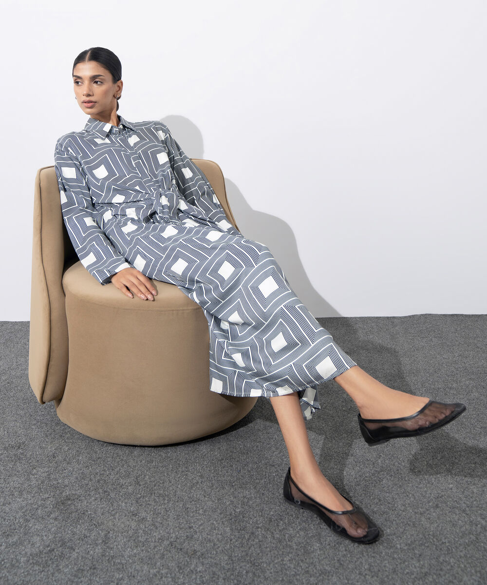 Women's Western Wear Black & white Printed Tie-Knot Dress