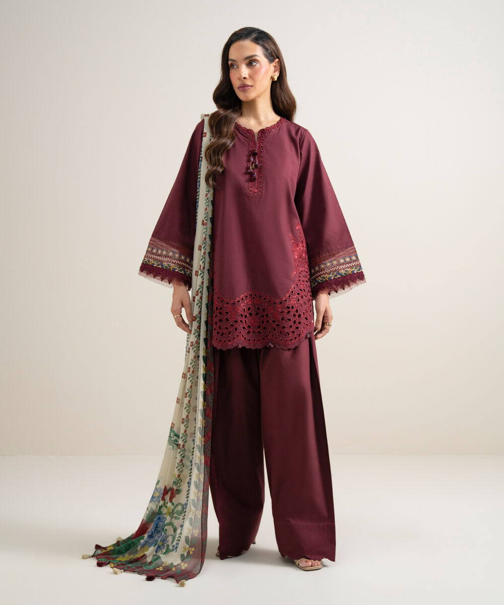 Women's Unstitched Textured Lawn Embroidered Red 3 Piece Suit
