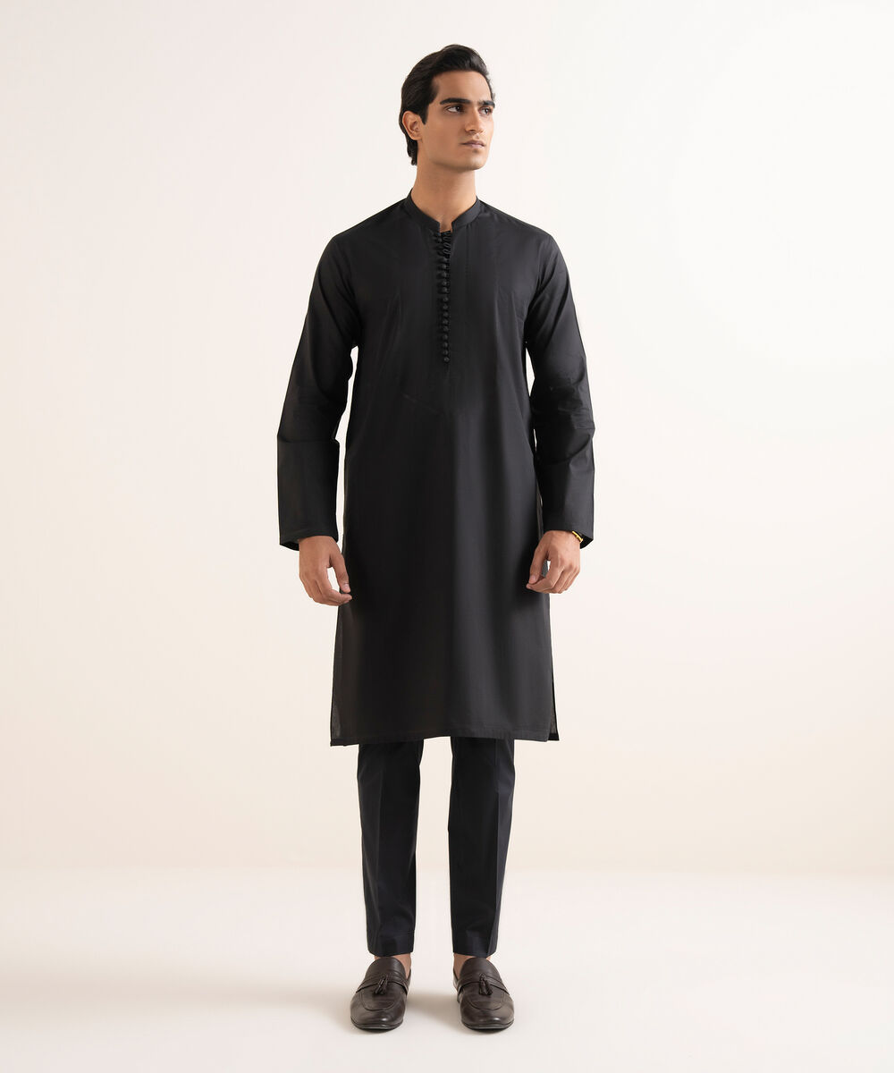Men's Stitched 100% Cotton Black Kurta