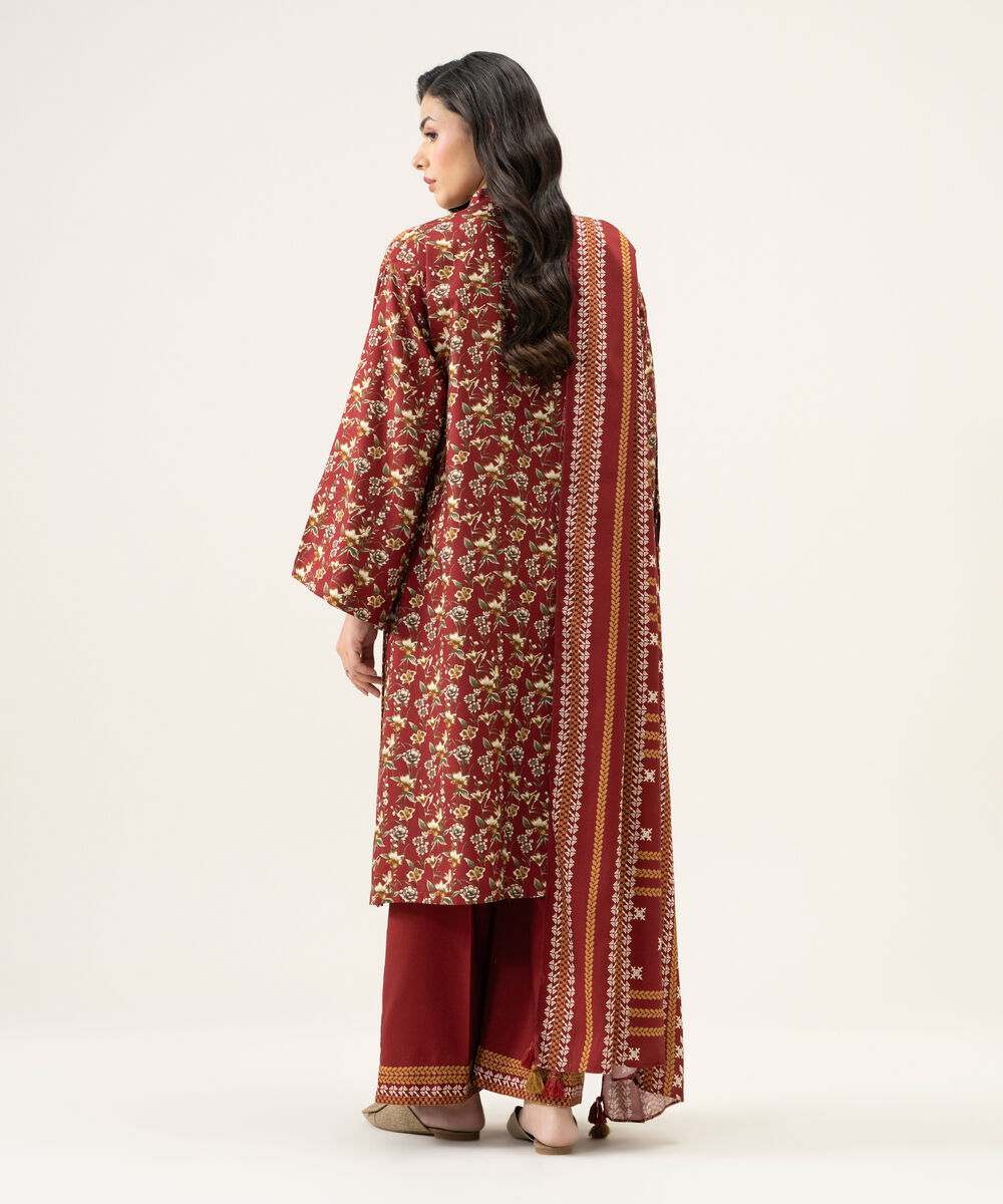 Womens Unstitched Viscose Linen Printed Red 3 Piece Suit