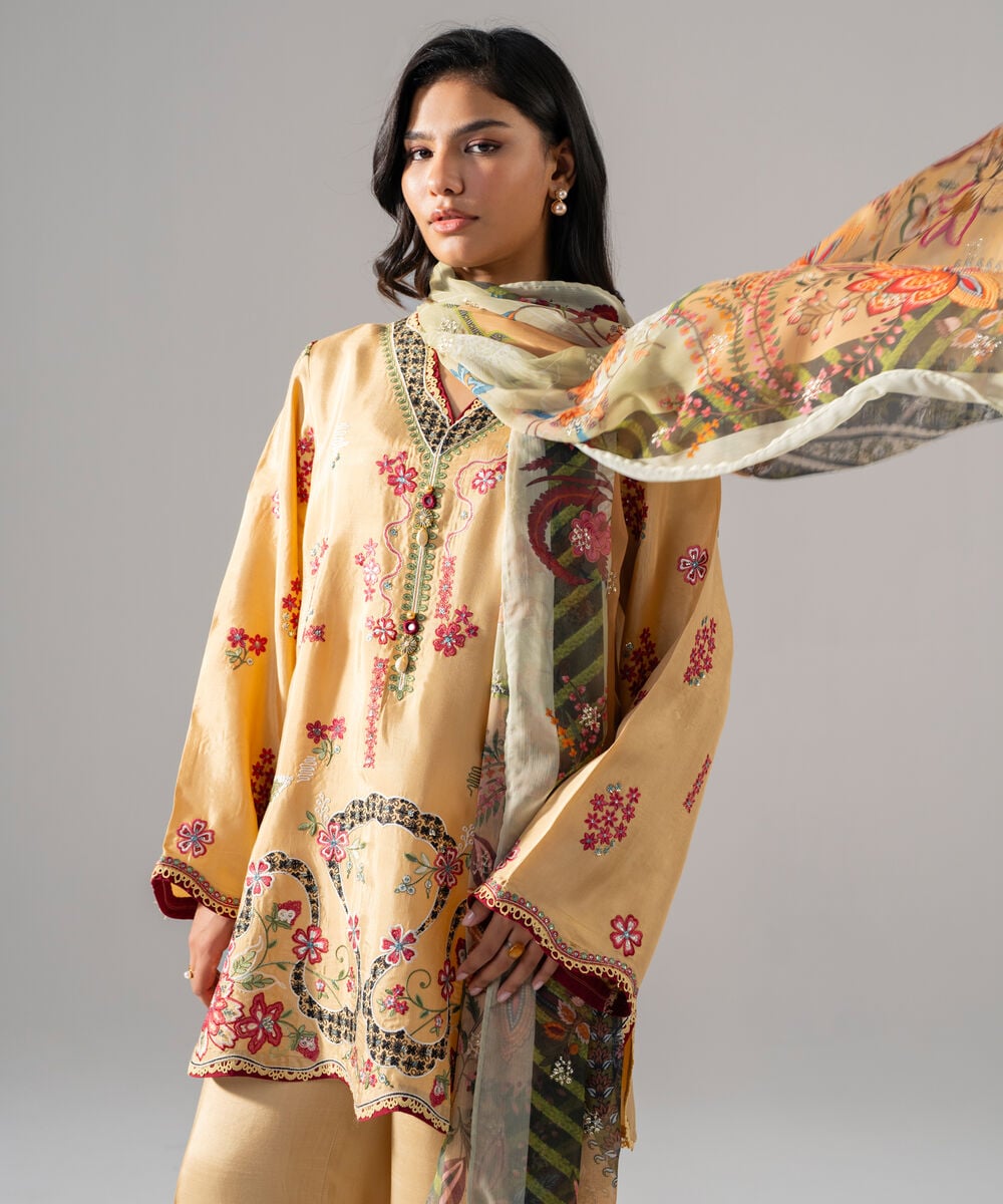 Women's RTW Bright Raw Silk Embroidered Beige 3 Piece Suit