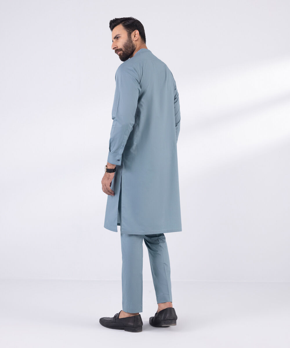 Men's 100% Cotton Stitched Plain Blue Stitched Suit