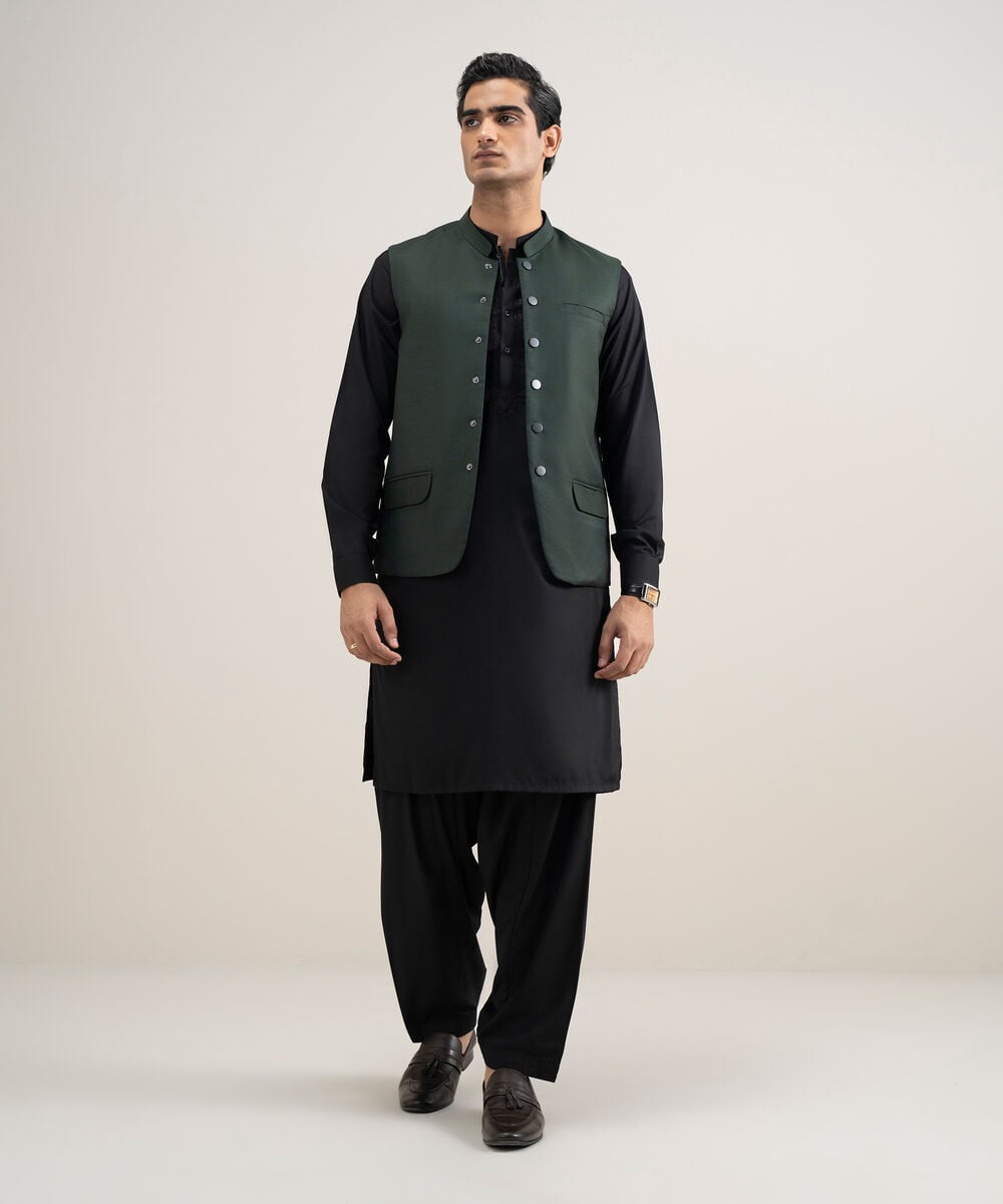 Men's Stitched Tropical Suiting Green Waistcoat