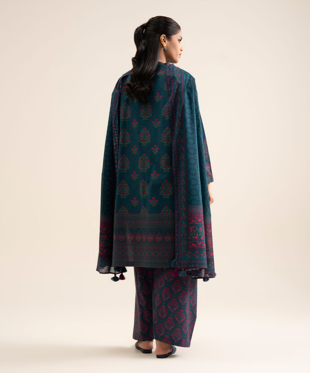 Women's Unstitched Cotton Printed Blue 3 Piece Suit