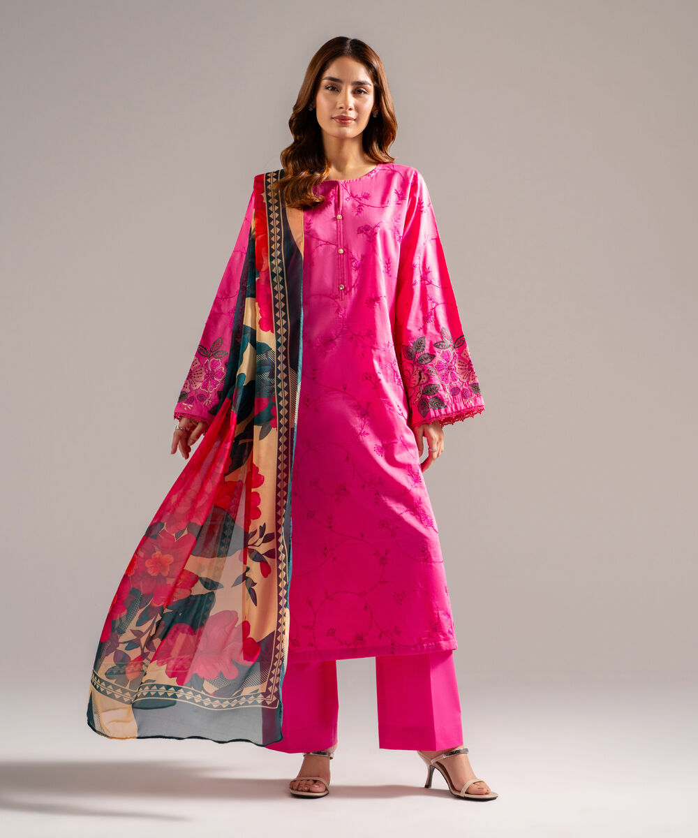 Women's RTW Cotton Satin Embroidered Pink 3 Piece Suit