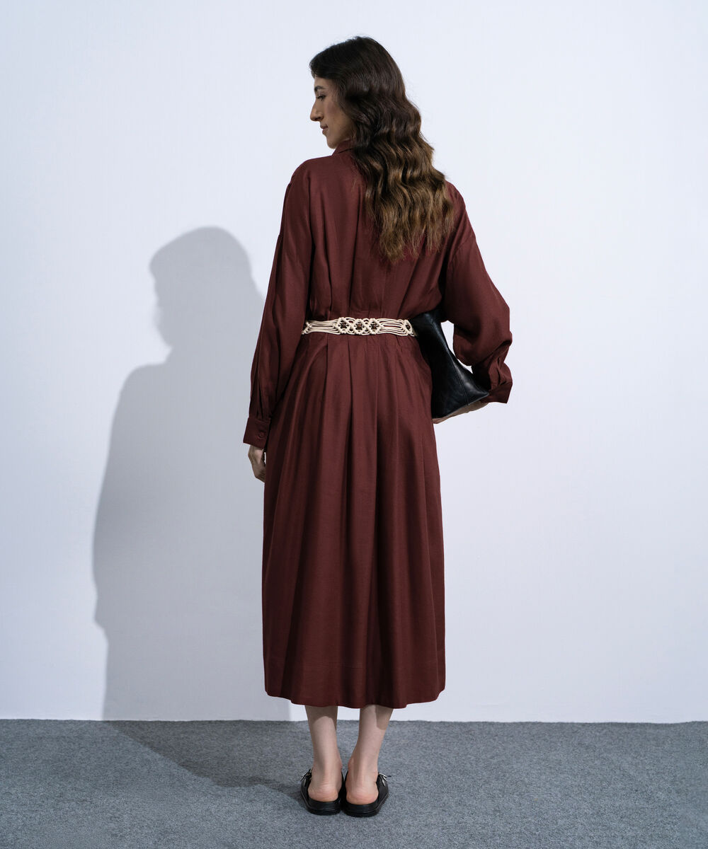 Women's Maroon Linen Blend Dress With  Crochet Belt