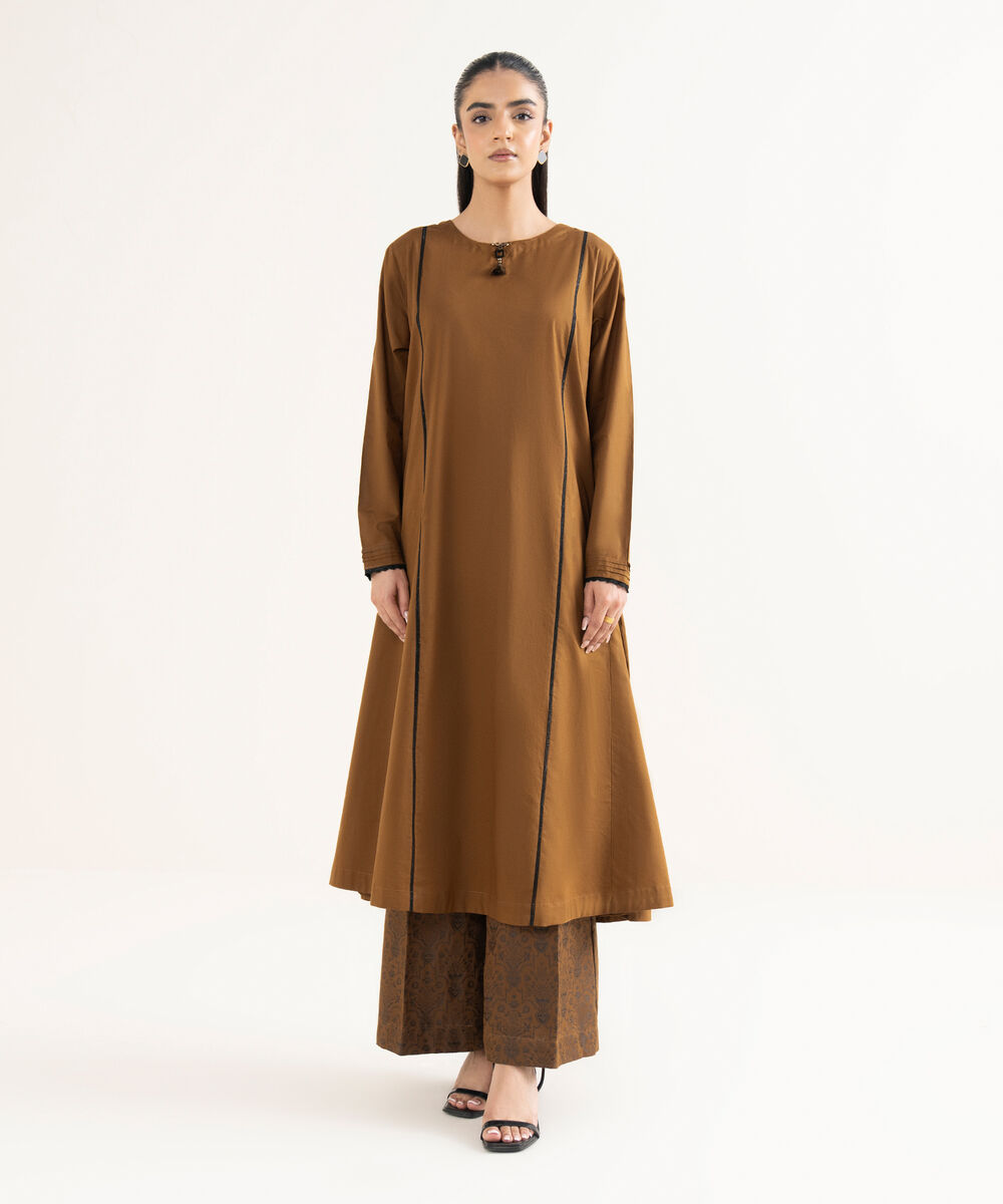 Women's RTW Cambric Solid A-Line Brown Shirt