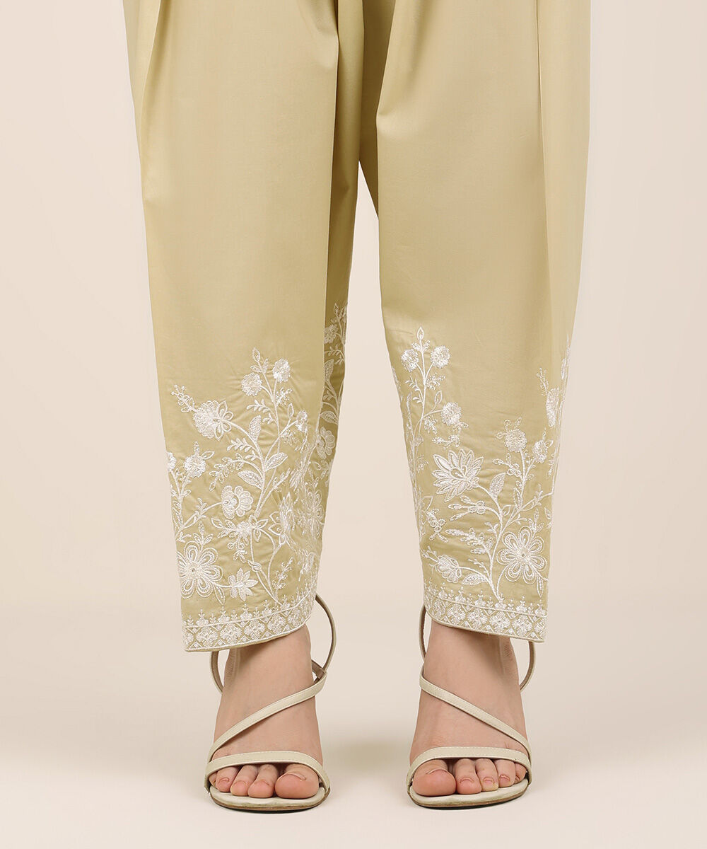 Women's RTW Cambric Beige Embroidered Shalwar