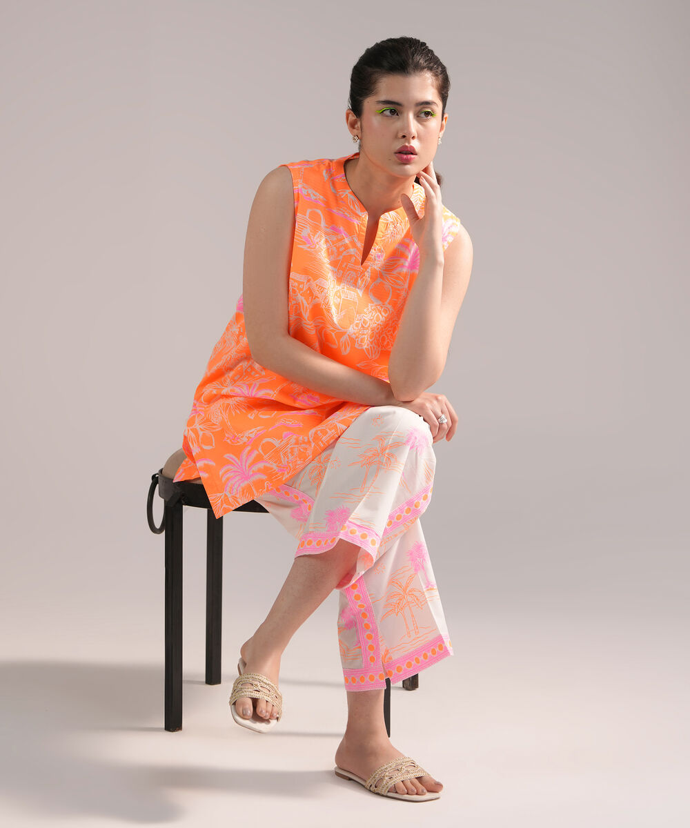 Women's RTW Dobby Printed Bright Orange 2 Piece Suit