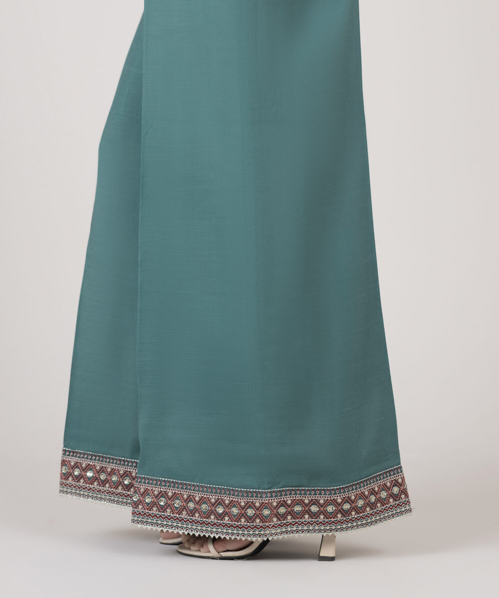 Women's RTW Viscose Raw Silk Solid Blue Flared Pants