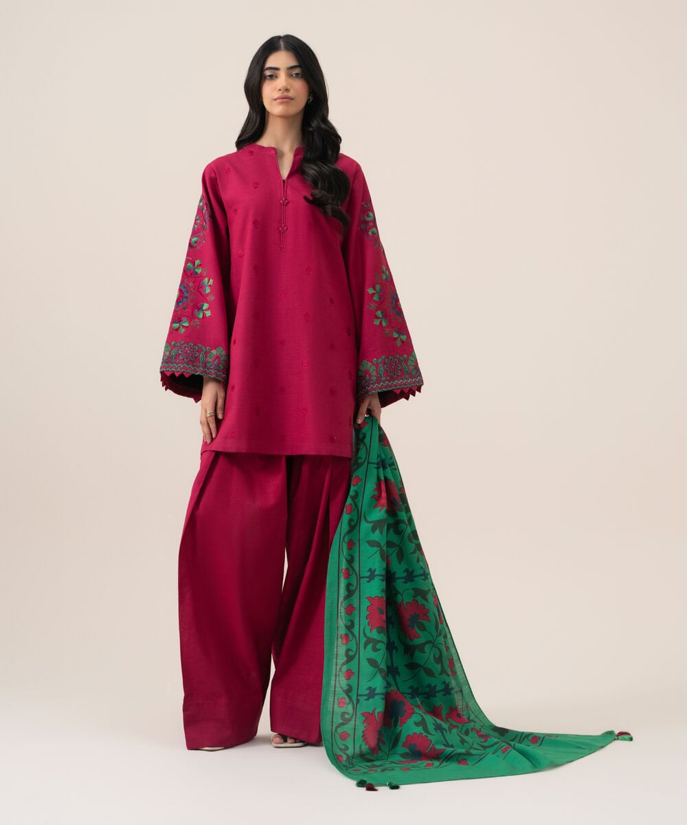 Women's Unstitched Basic Khaddar Embroidered Pink 3 Piece Suit