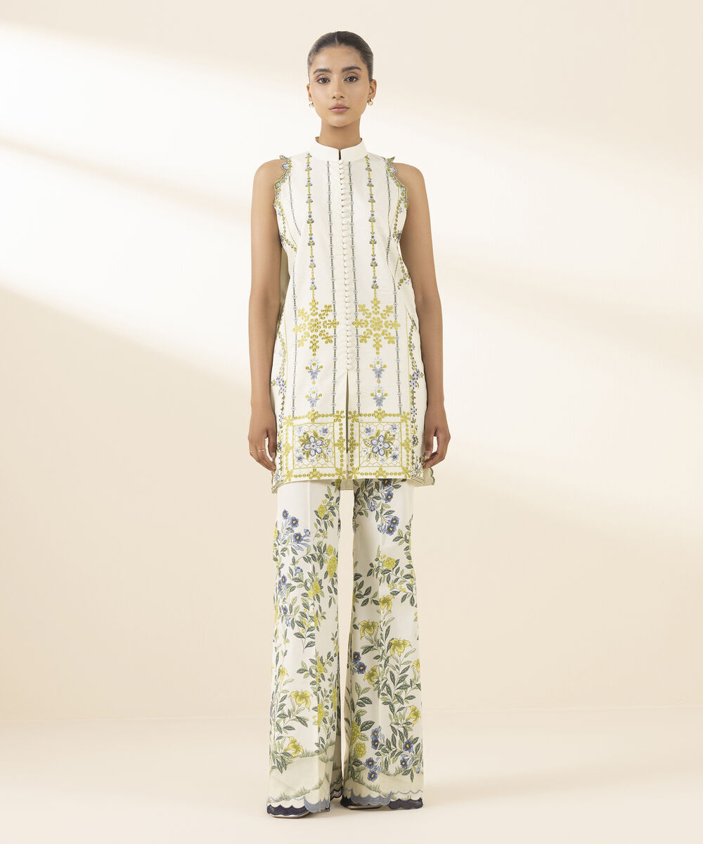 Unstitched Women's Off White Textured Lawn Shirt Trousers