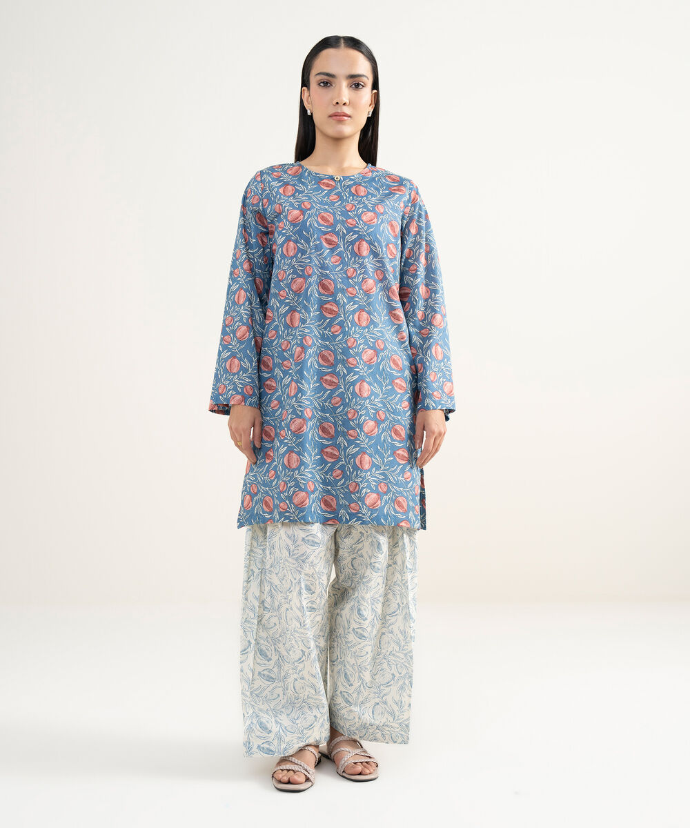 Women's RTW Lawn Printed Blue Straight Shirt