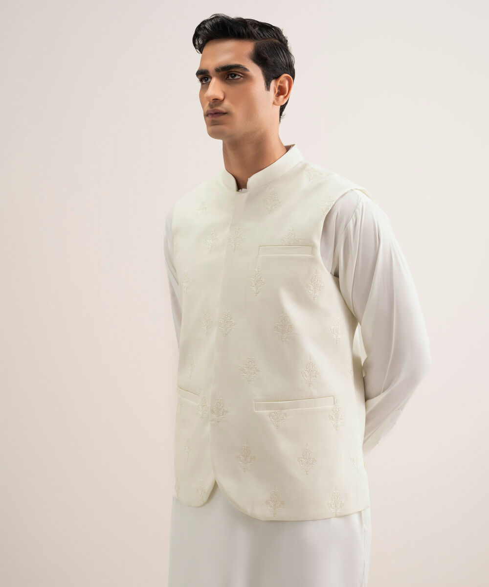 Men'S Stitched Light Cream Cotton Dobby Waistcoat