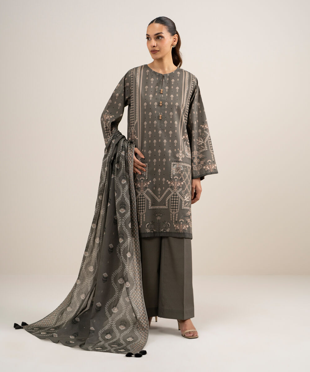 Women's Unstitched Lawn Printed Grey  3 Piece Suit