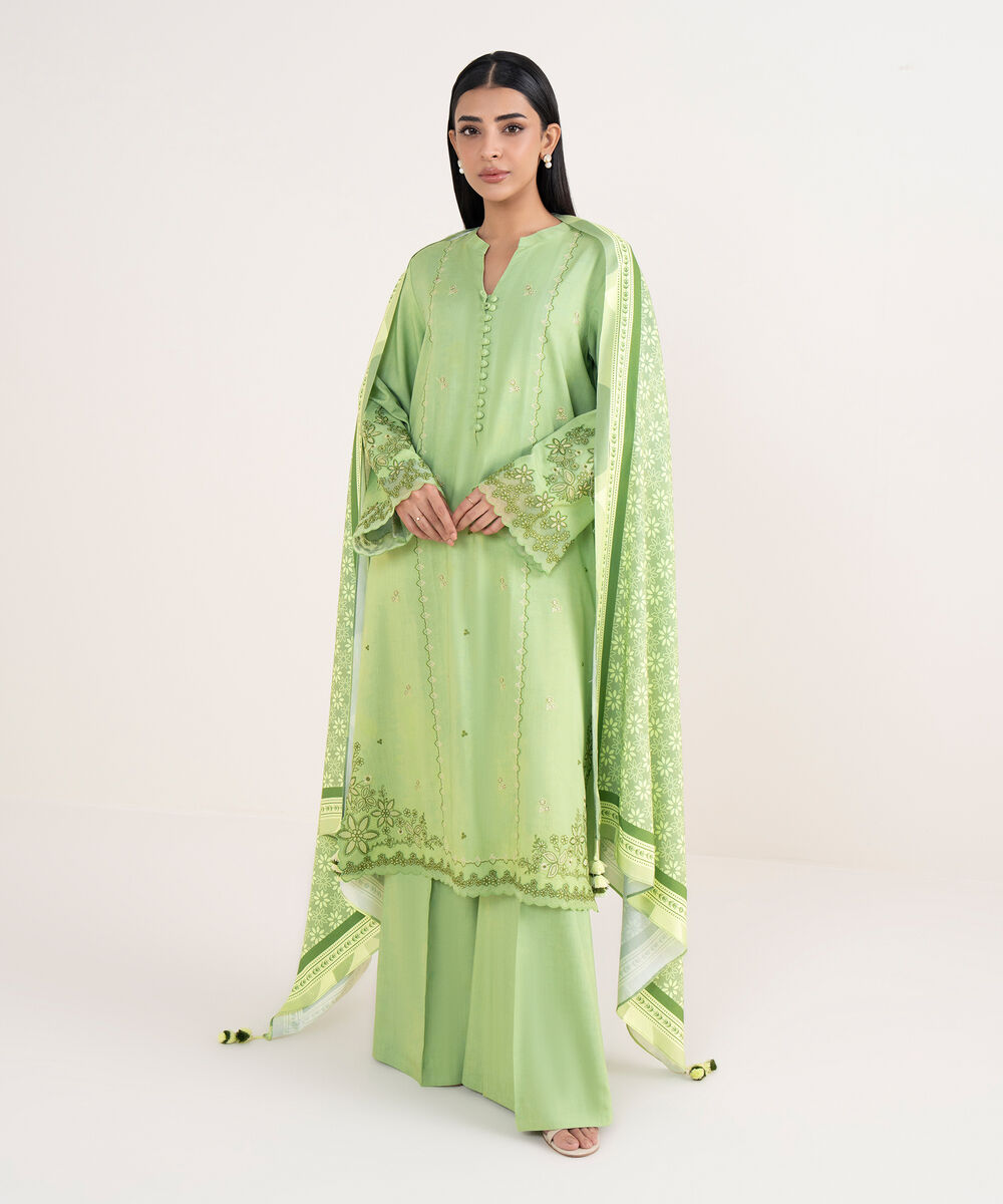 Women's Unstitched Linen Embroidered Green 3 Piece Suit