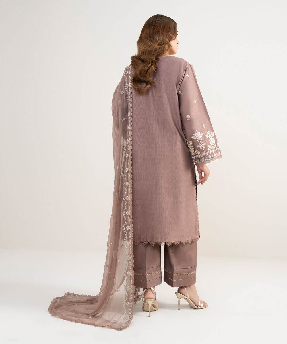 Women's Unstitched Cotton Net Embroidered Pink 3 Piece Suit