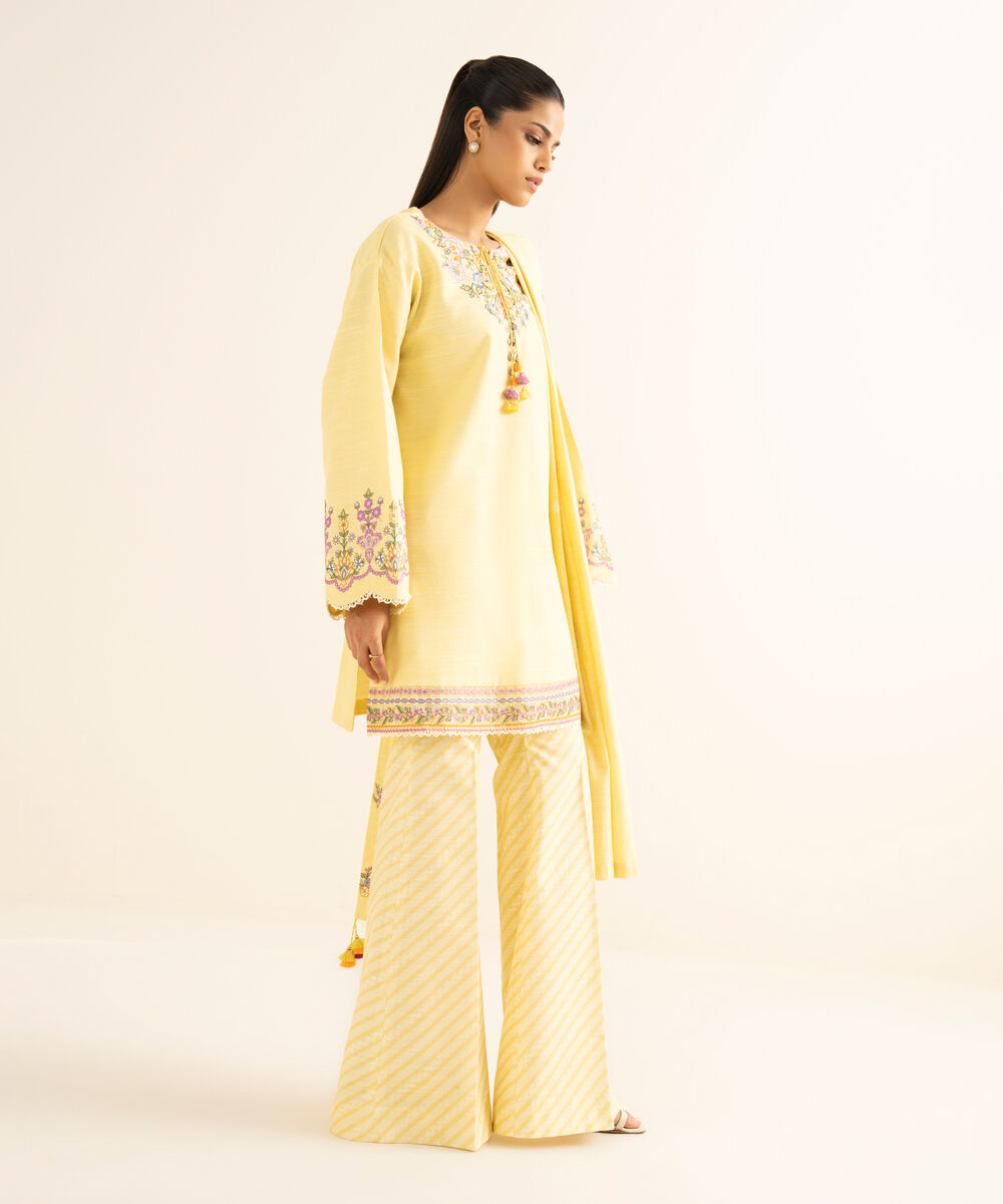 Women's Unstitched Cotton Embroidered Yellow 3 Piece Suit