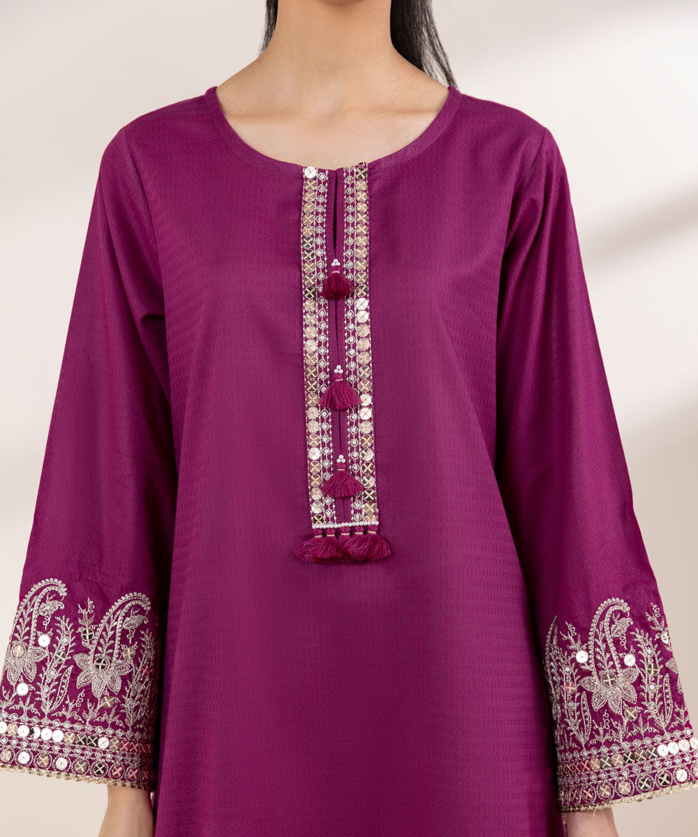 Women's RTW Dobby Purple Embroidered A-Line Shirt