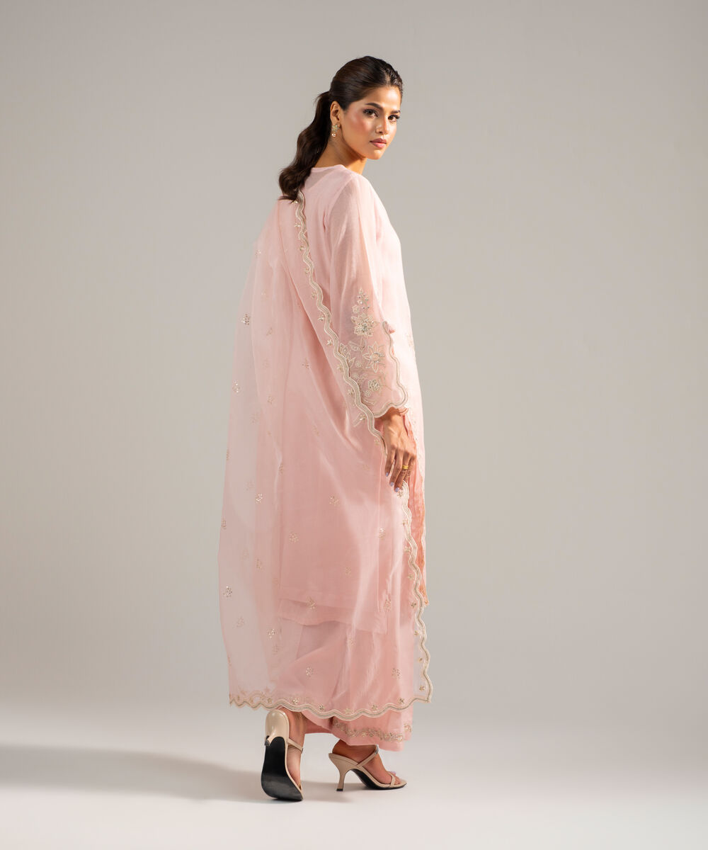 Women's RTW Khaddi Net Embroidered Baby Pink 3 Piece Suit