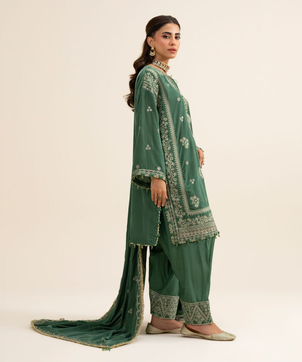 Women's Unstitched Velvet Embroidered Green 3 Piece Suit