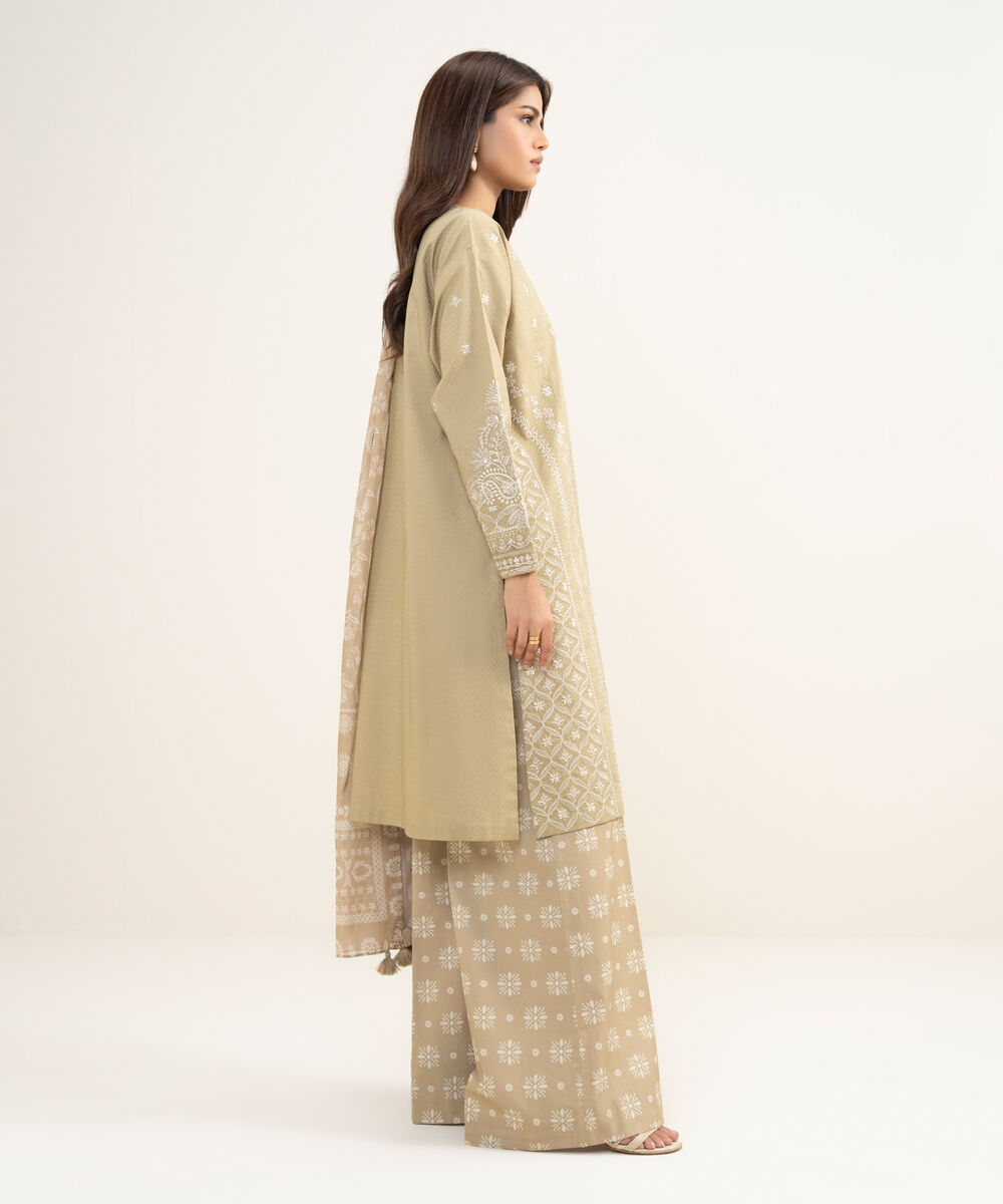 Women's Unstitched Dobby Embroidered Beige 3 Piece Suit