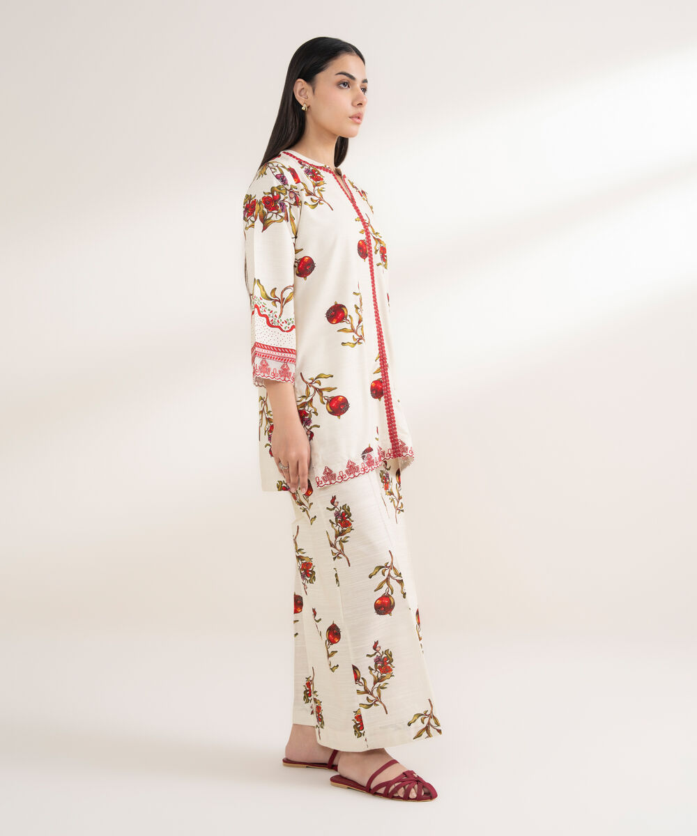 Women's RTW Arabic Khaddar Embroidered Straight Off White Shirt