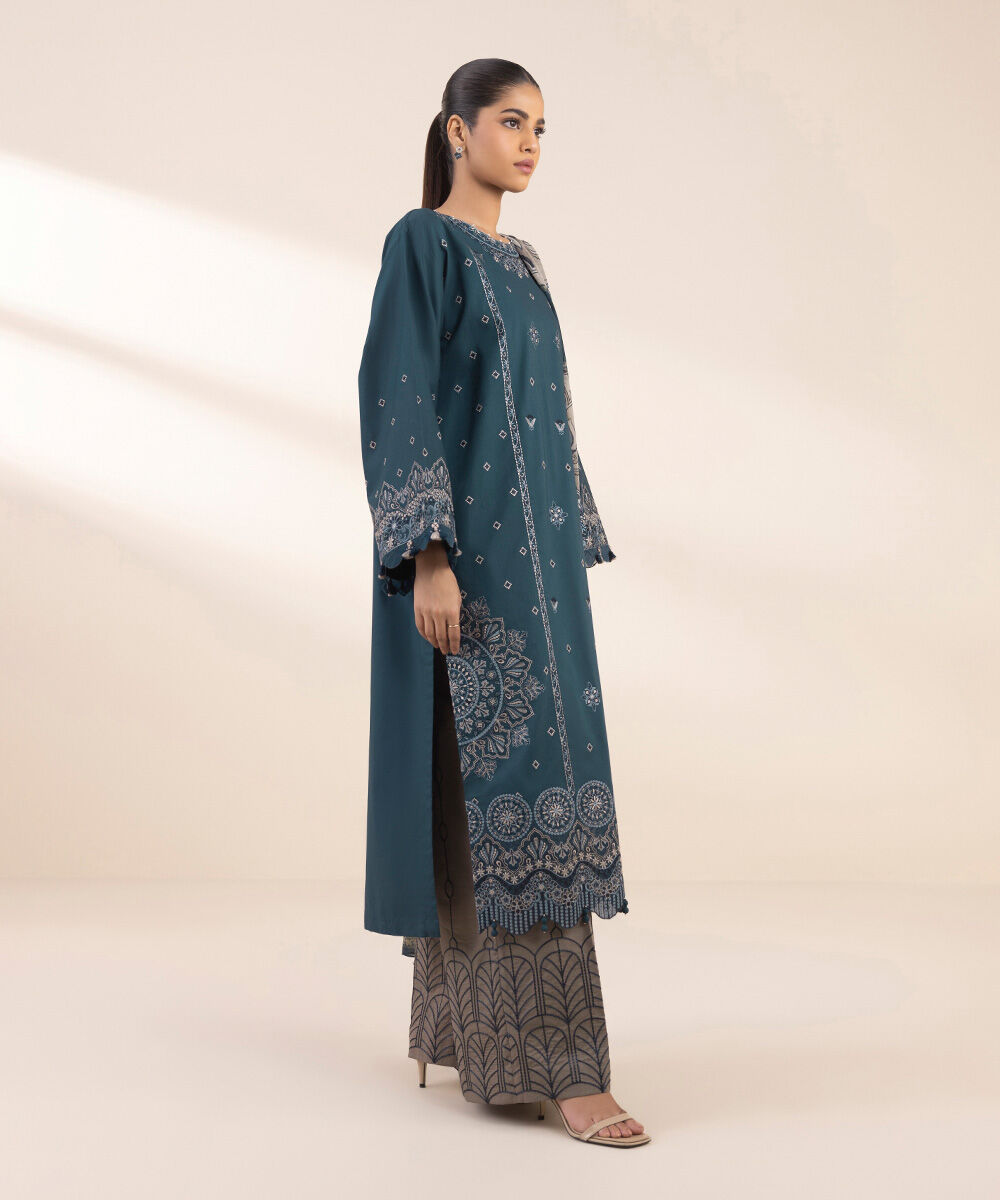 Women's Unstitched Blue Cotton 3 Piece Suit