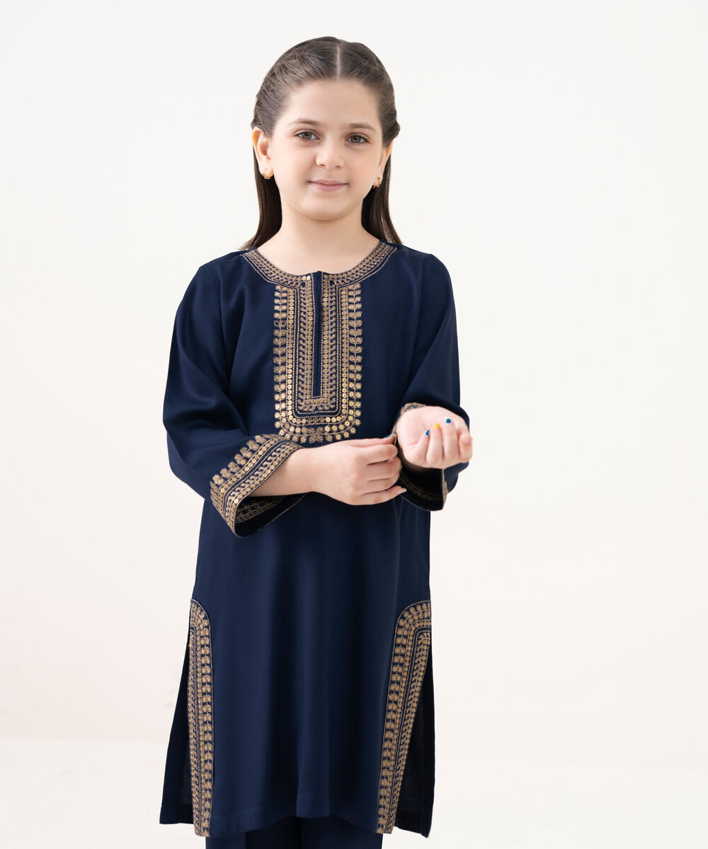 Girl's Bedford  Embroidered Blue 2 Piece Suit