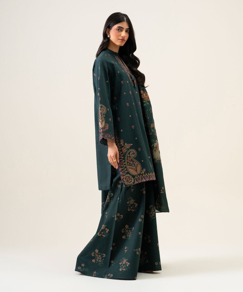 Womens Unstitched Light Khaddar Embroidered Dark Blue 3 Piece Suit