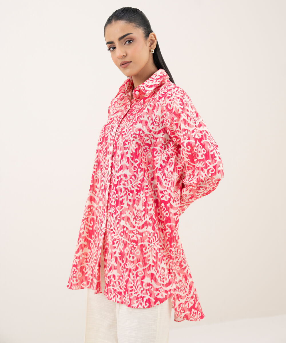 Women's RTW Light Khaddar Printed Button Down Pink Shirt