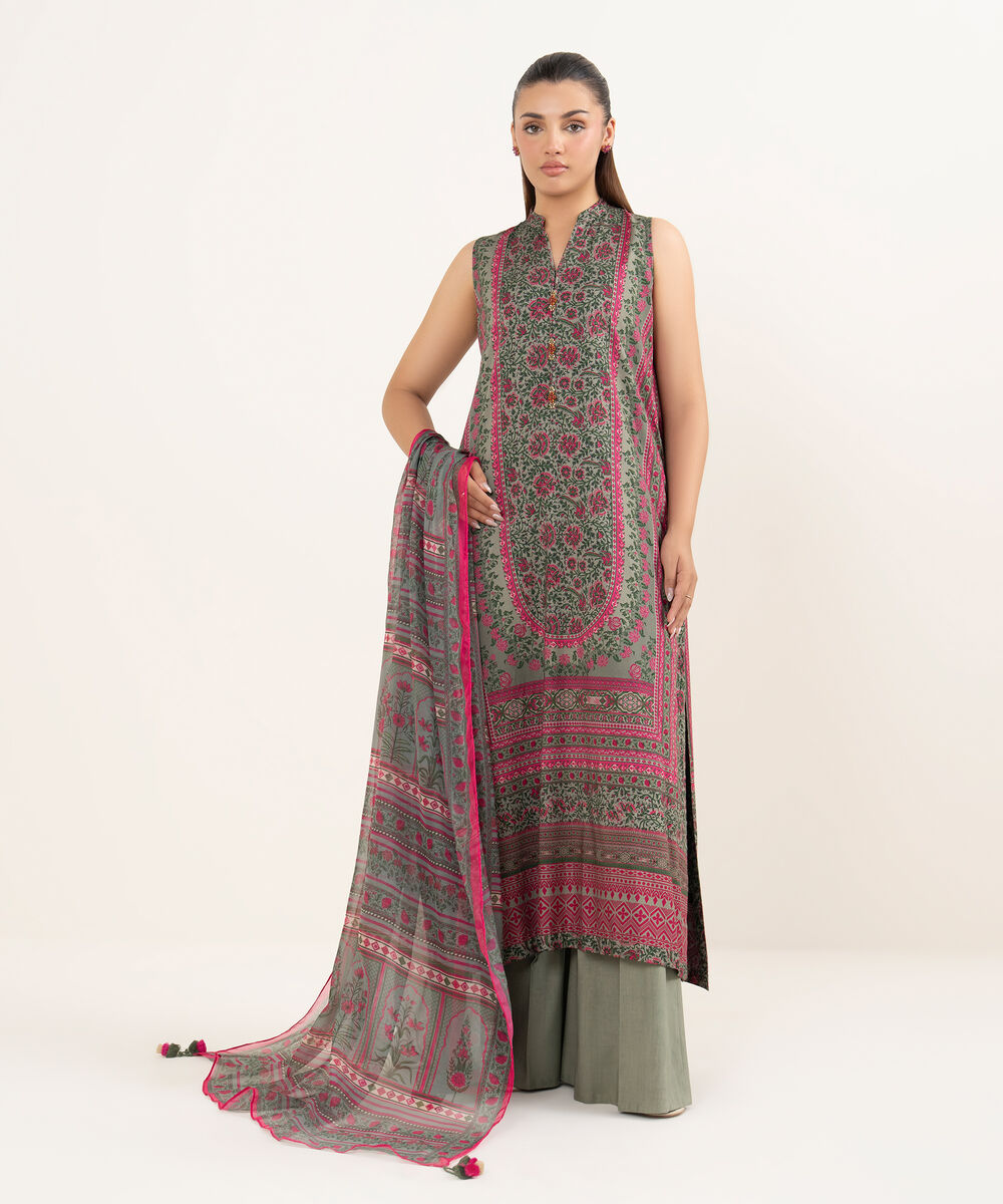 Women's Unstitched Arabic Lawn Printed Multi 3 Piece Suit