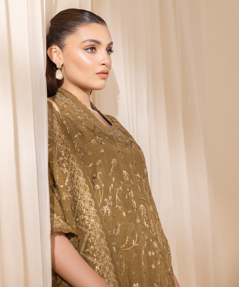 Women's Unstitched Olive Raw Silk Three Piece Suit