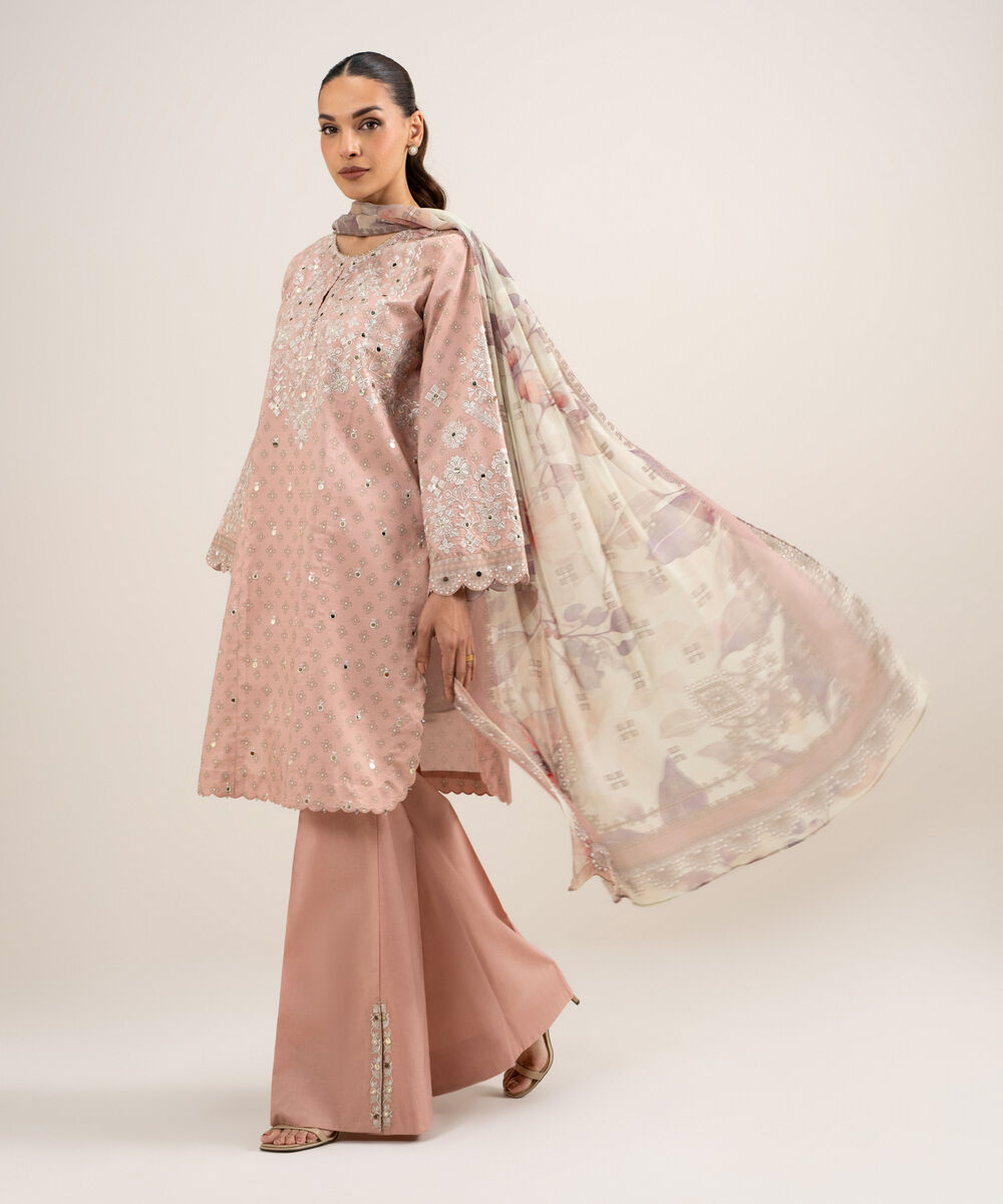 Women's Unstitched Zari Lawn Embroidered Pink 3 Piece Suit