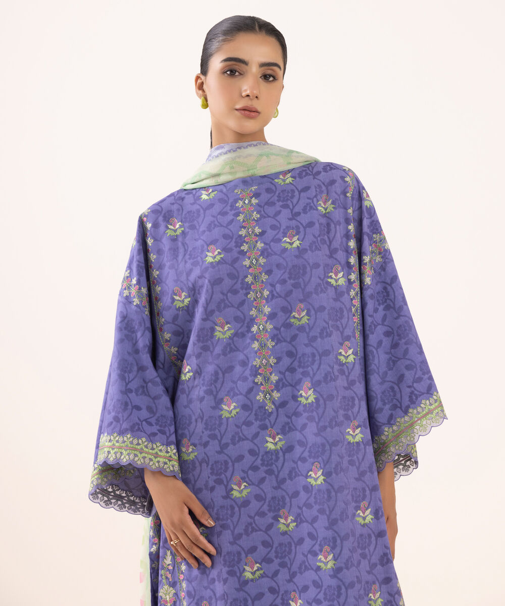 Women's Unstitched Jacquard Embroidered Purple Three Piece Suit