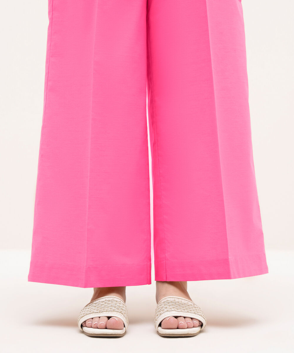 Women's RTW Textured Cotton Pink Solid Straight Pants
